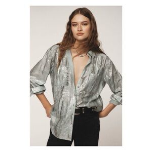 NWT Anthropologie Pilcro Foil Shine Buttondown in Green  Size XS
